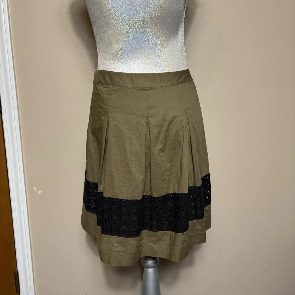 Ann Taylor LOFT Olive A-Line Skirt Black Lace Panel Size 0 Office Fall Earthy